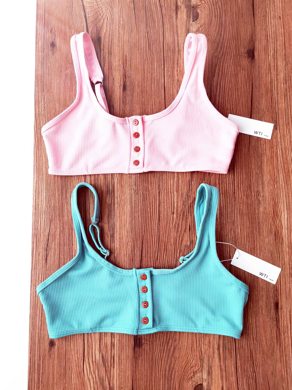 Ribbed Sporty Bikini Swimsuits Button Swimwear Up Crop Top Set - worthtryit.com