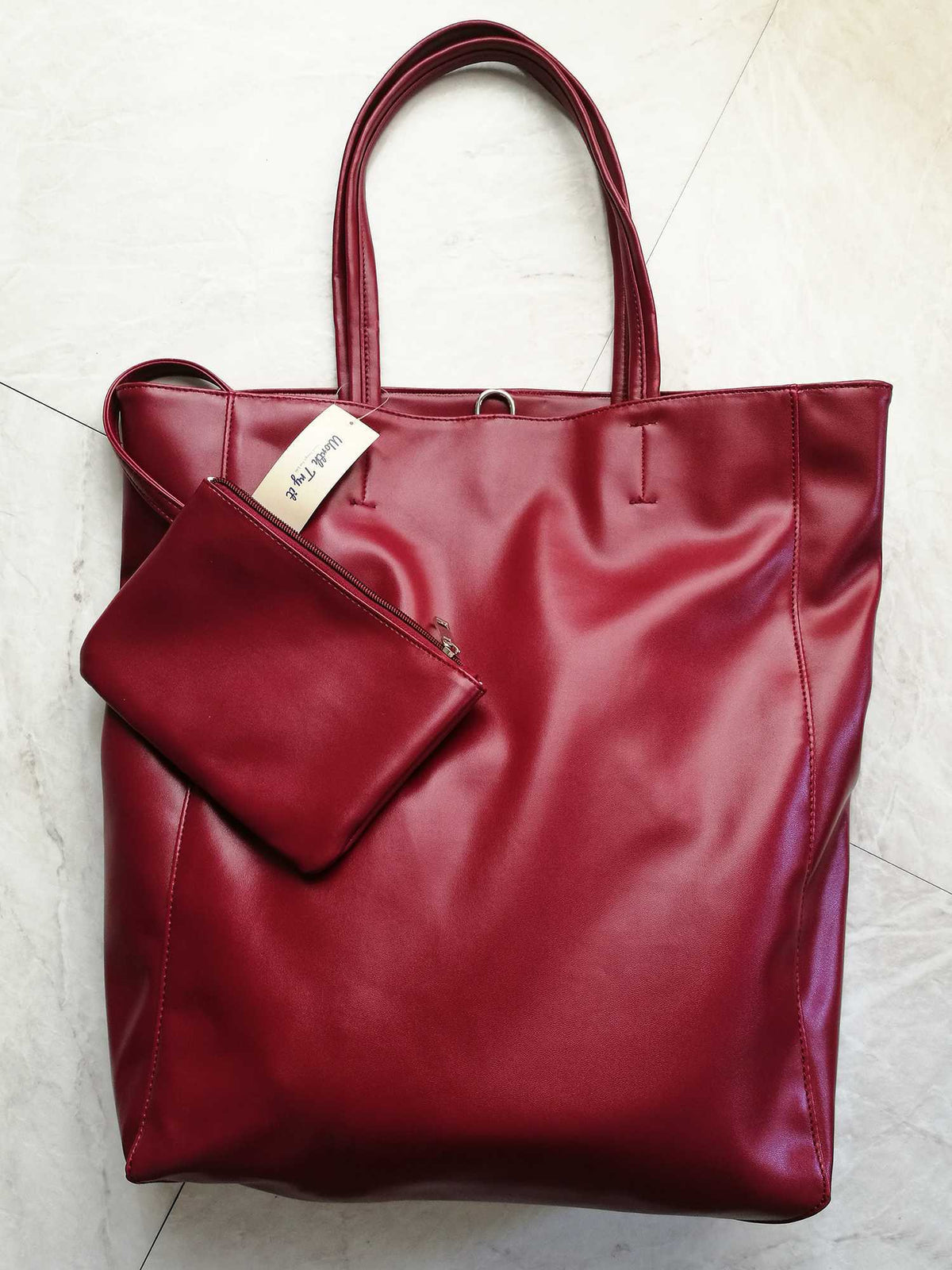 Oversized Eco Vegan Leather Lambskin Tote Bag 16.7" With Little Purse Inside - worthtryit.com