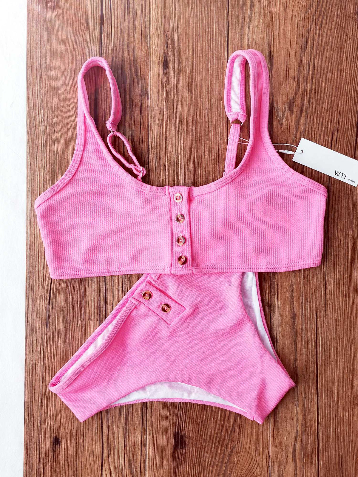 Ribbed Sporty Bikini Swimsuits Button Swimwear Up Crop Top Set - worthtryit.com