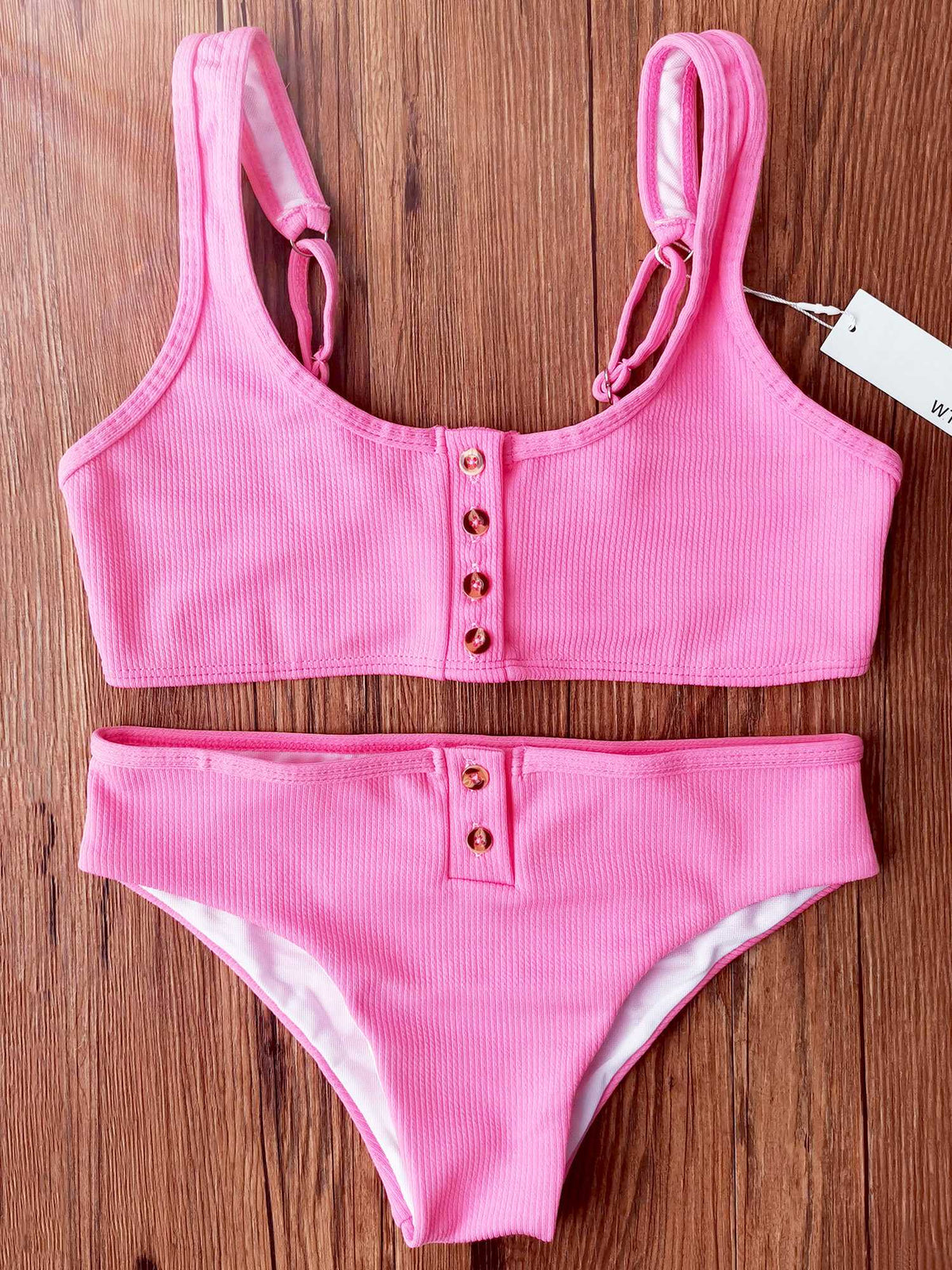 Ribbed Sporty Bikini Swimsuits Button Swimwear Up Crop Top Set - worthtryit.com