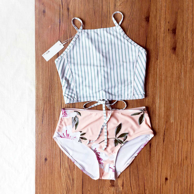 Lace Up Back High Waist Crop Top Bikini Set - worthtryit.com