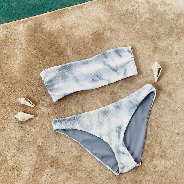 Marble Print Bandeaux Bikini Set - worthtryit.com