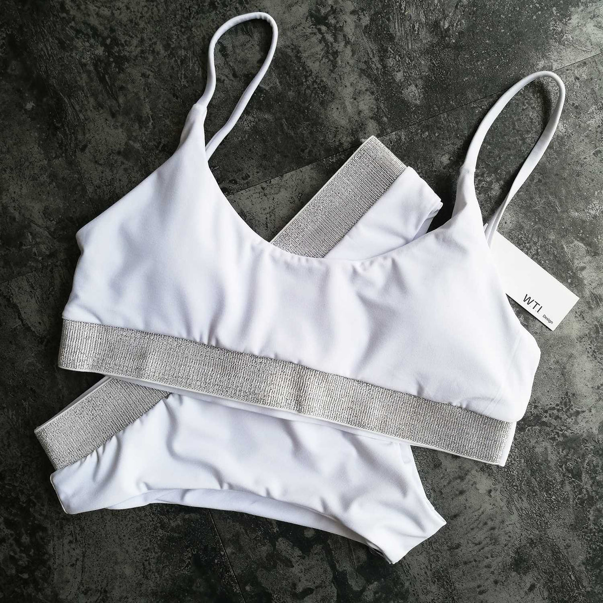 Silver Swimsuit with Knit Hem High Waist High Cut Crop Top Bikini Set - worthtryit.com