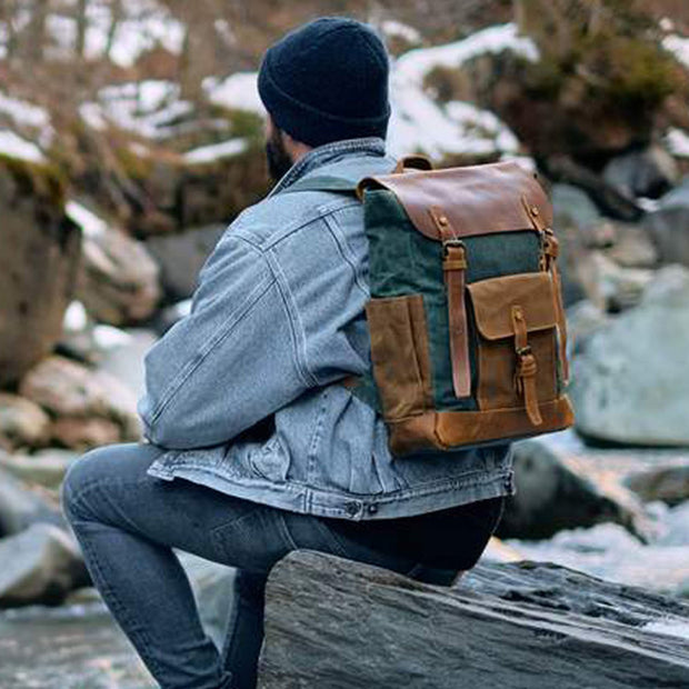 Vintage Style Unisex Canvas & Leather Rucksack Backpack 14" - worthtryit.com