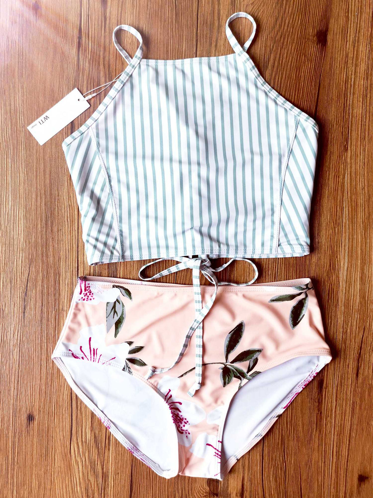 Lace Up Back High Waist Crop Top Bikini Set - worthtryit.com