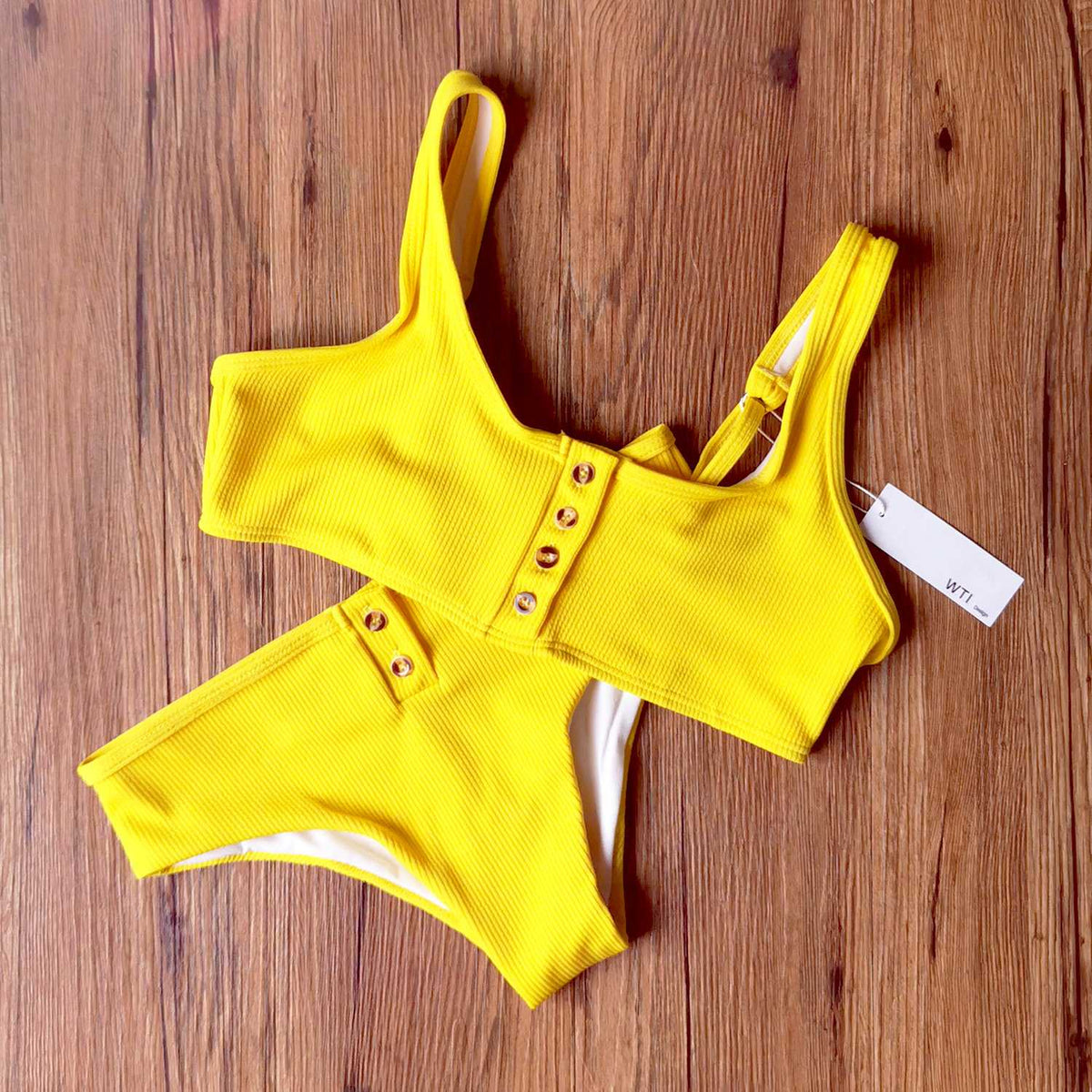 Ribbed Sporty Bikini Swimsuits Button Swimwear Up Crop Top Set - worthtryit.com