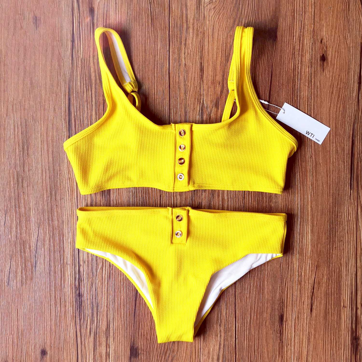 Ribbed Sporty Bikini Swimsuits Button Swimwear Up Crop Top Set - worthtryit.com