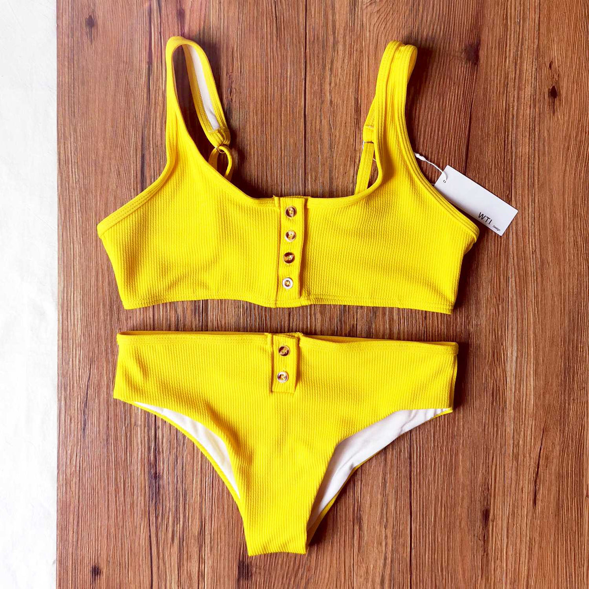 Ribbed Sporty Bikini Swimsuits Button Swimwear Up Crop Top Set - worthtryit.com