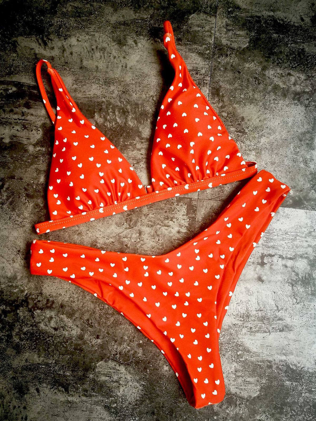 Heart Print Triangle Bikini Set - Red - worthtryit.com