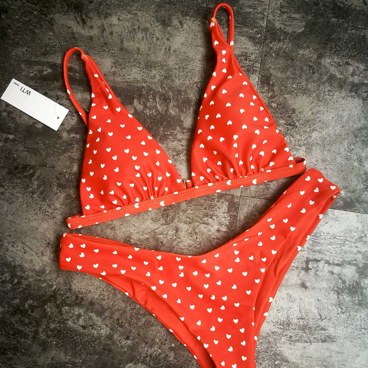 Heart Print Triangle Bikini Set - Red - worthtryit.com