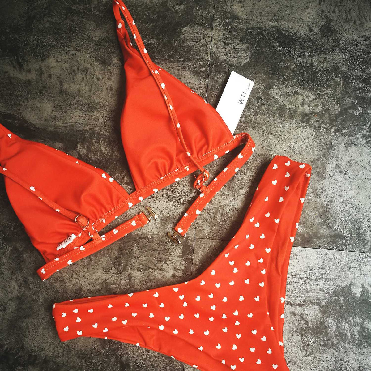Heart Print Triangle Bikini Set - Red - worthtryit.com