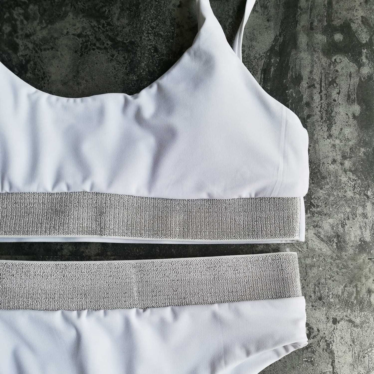 Silver Swimsuit with Knit Hem High Waist High Cut Crop Top Bikini Set - worthtryit.com