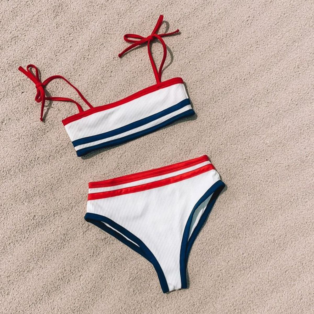 Ribbed Color Block Tie Shoulder High Waisted Crop Top Bikini Swimsuit - worthtryit.com