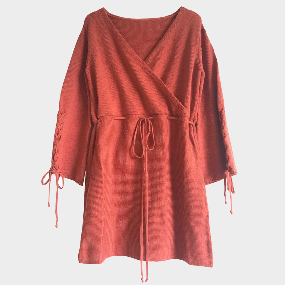 Cross Over V Neck Flare Sleeve Knit Dress - worthtryit.com