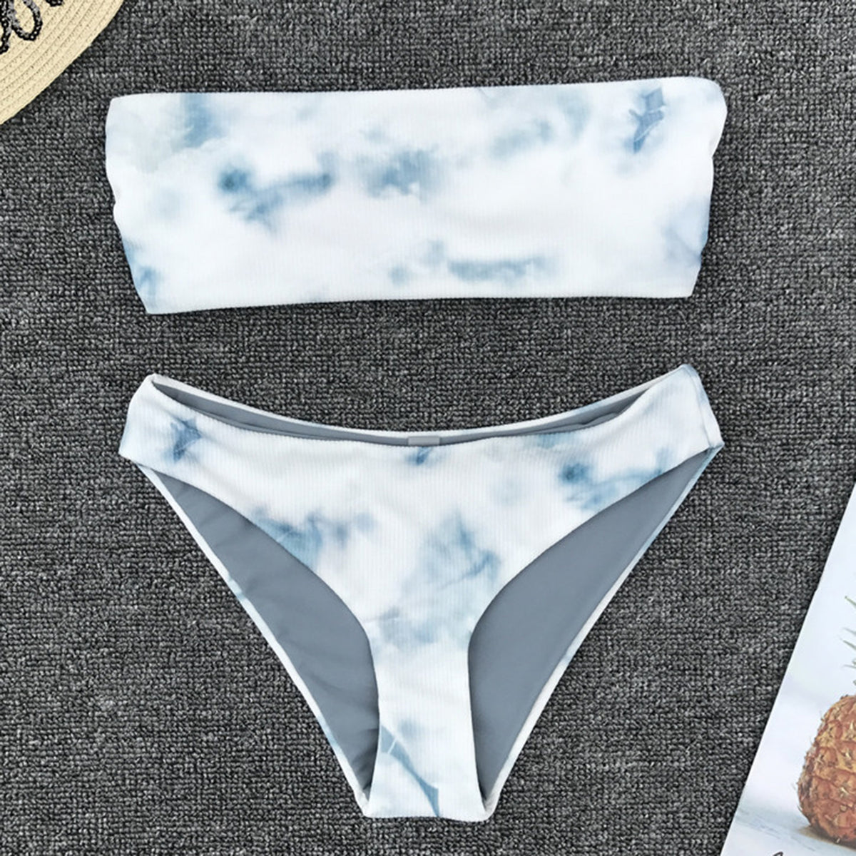 Marble Print Bandeaux Bikini Set - worthtryit.com