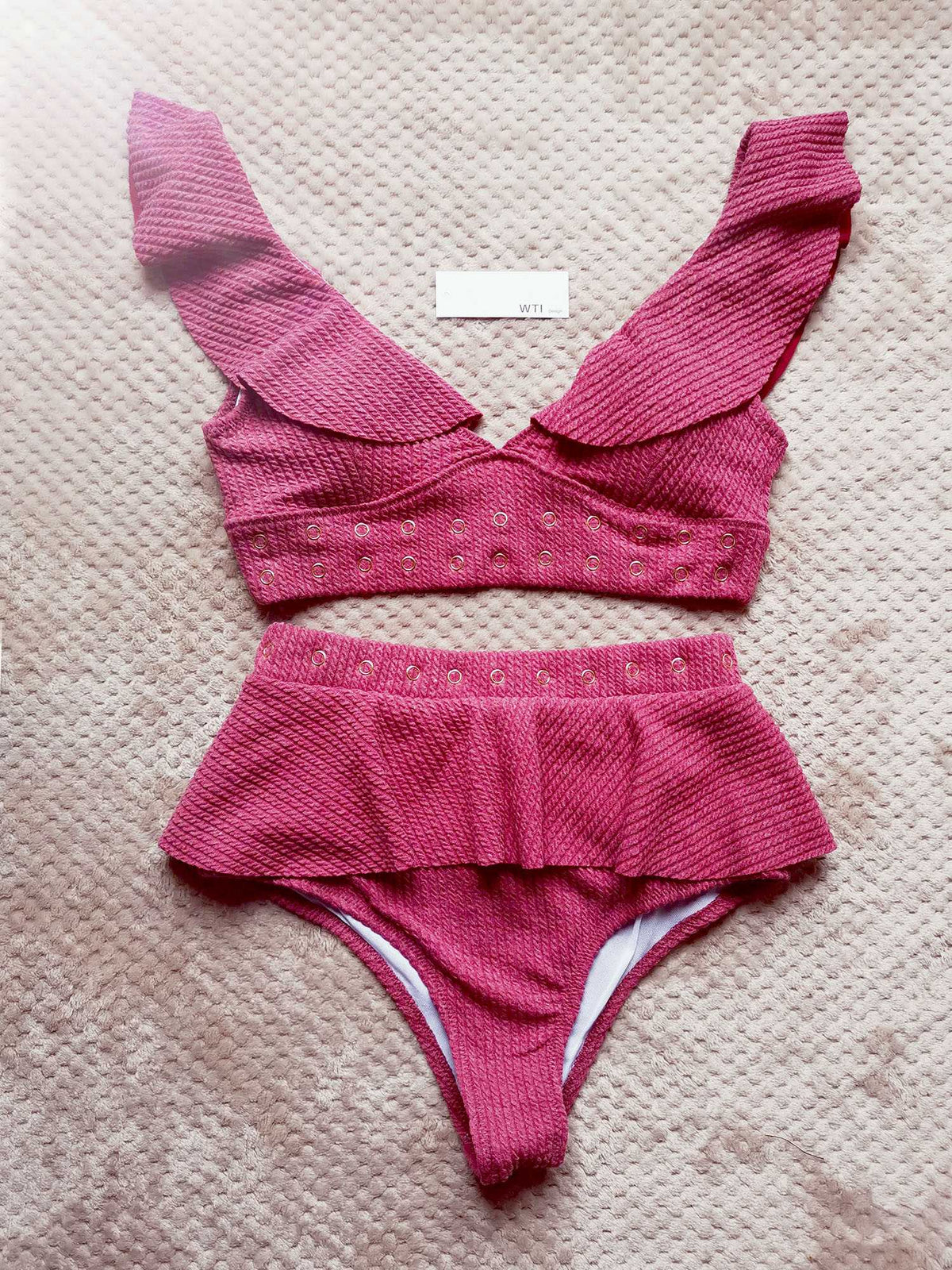 Ribbed Ruffle V Neck High Wasited Bikini Set - worthtryit.com