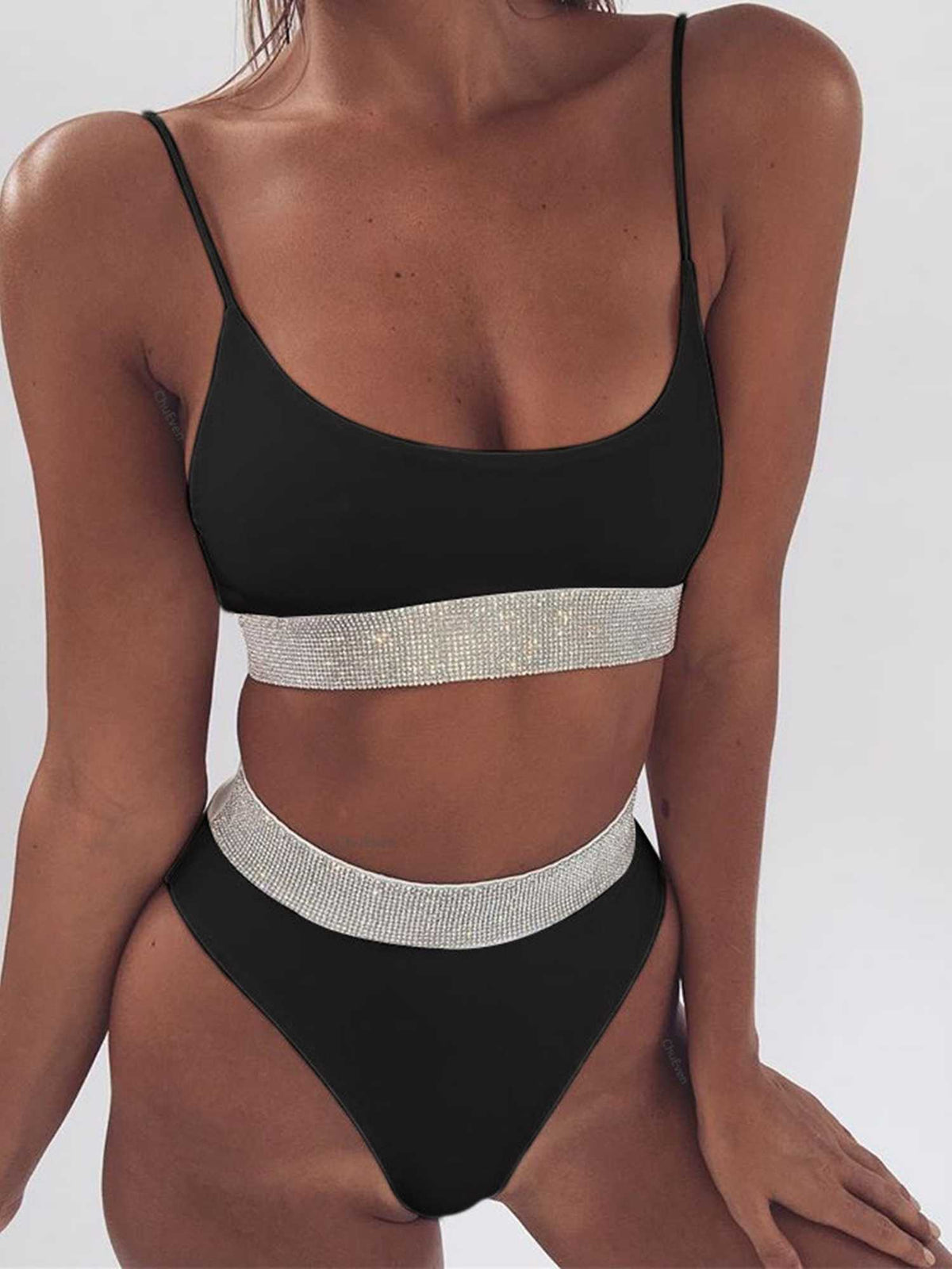 Silver Swimsuit with Knit Hem High Waist High Cut Crop Top Bikini Set - worthtryit.com