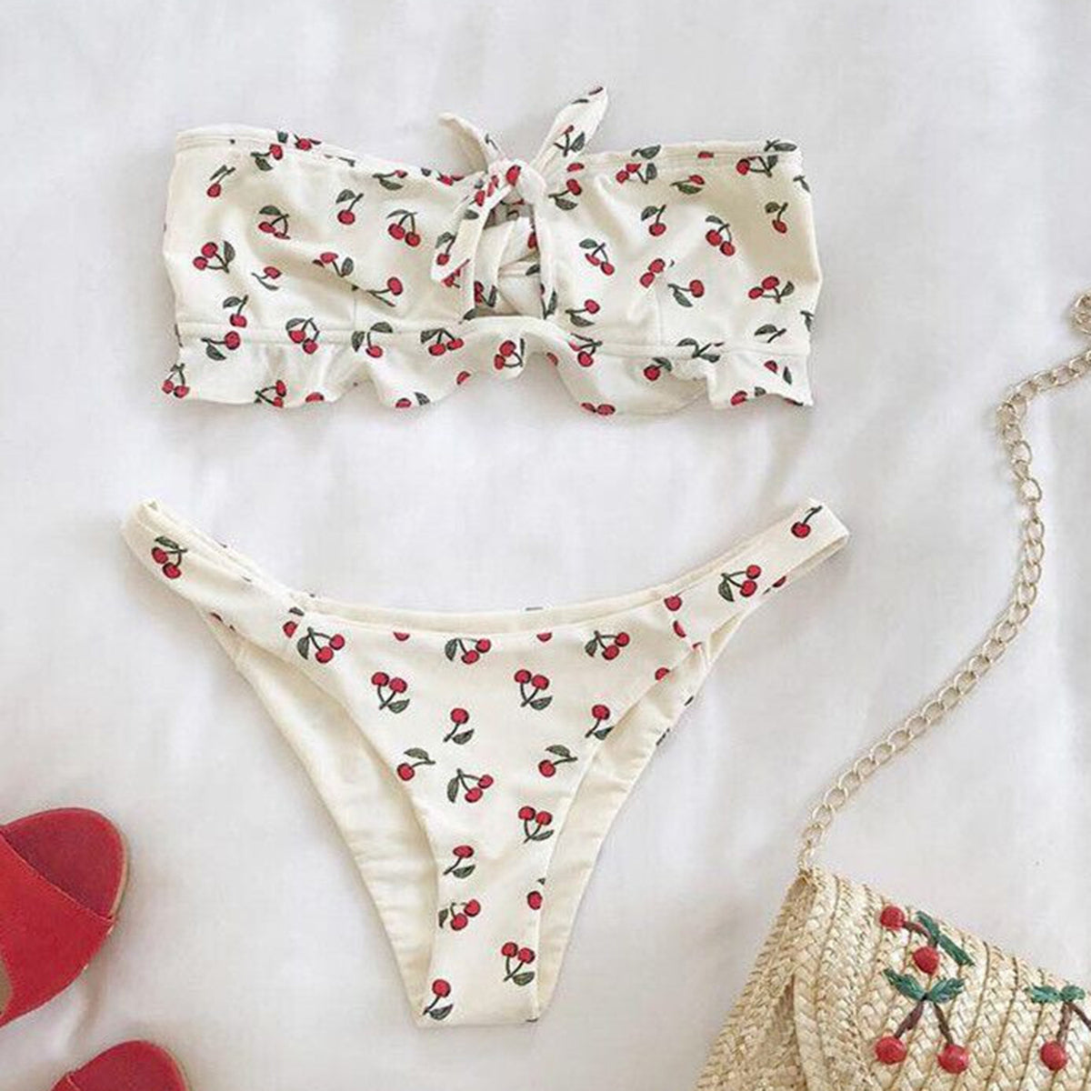 Cute Cherry Print Ruffle Hem Bandeaux Bikini Set