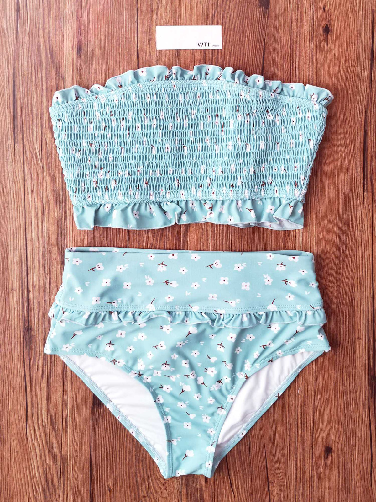 Ruffle Hem Scrunched High Waisted Bandeaux Bikini Set - worthtryit.com