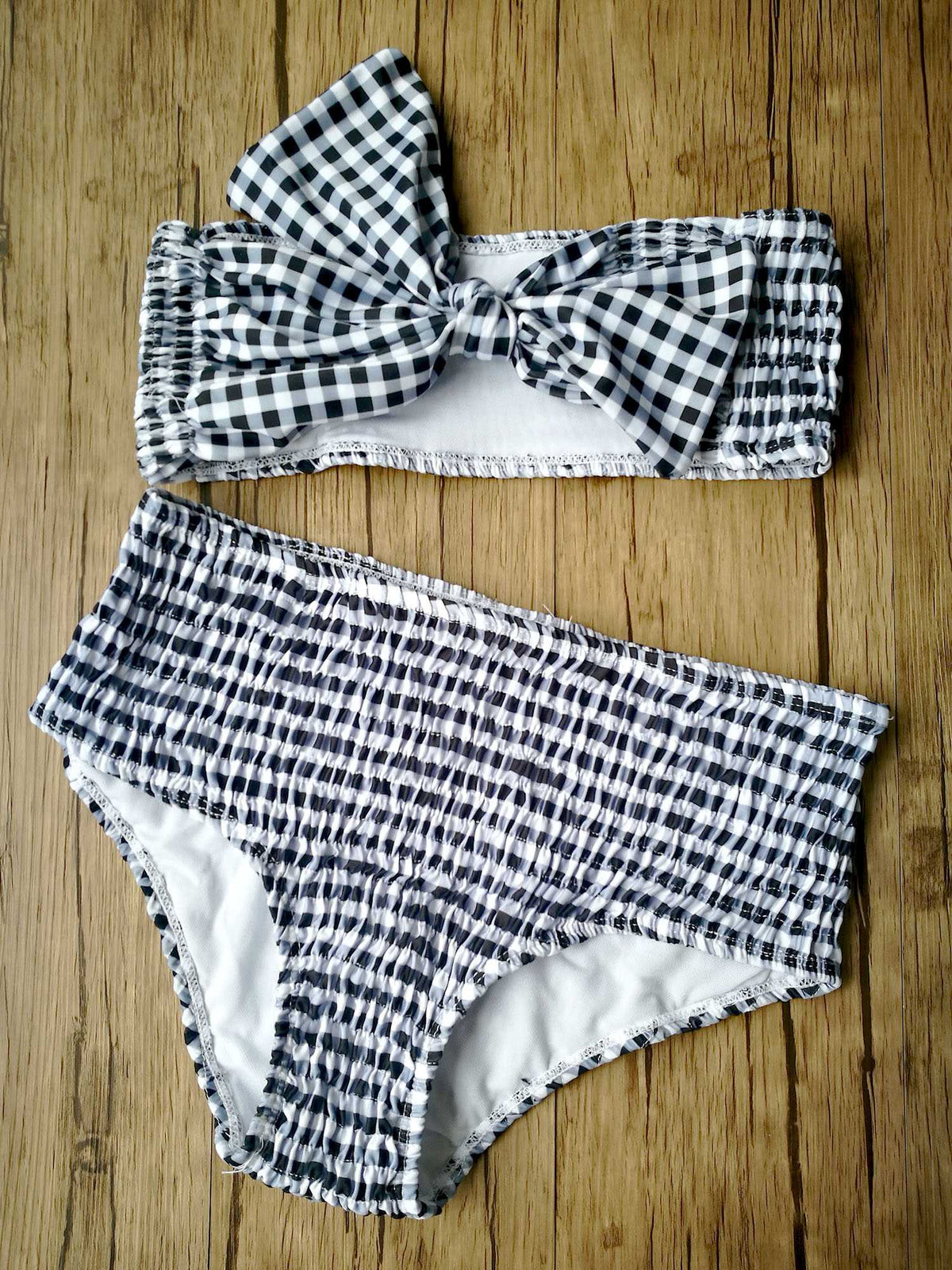Scrunch Gingham Mega Bow High Waist Strapless Bikini Set - worthtryit.com