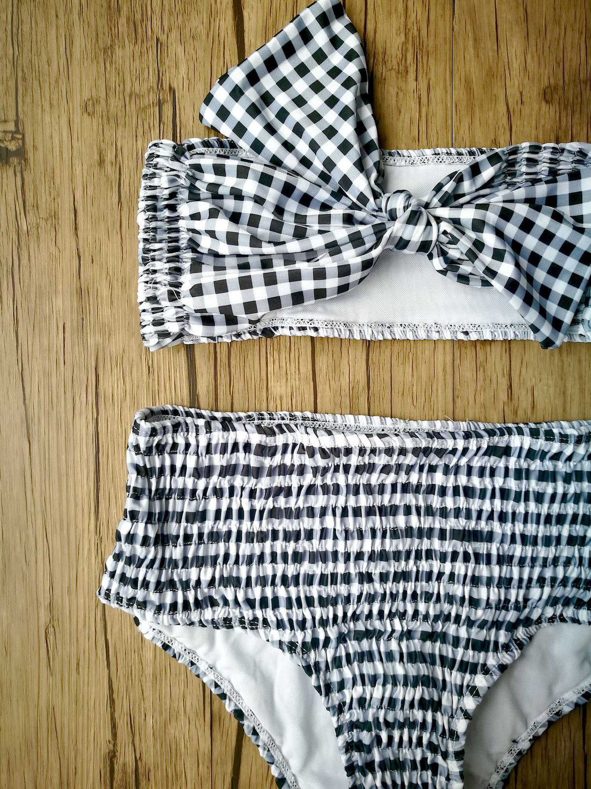 Scrunch Gingham Mega Bow High Waist Strapless Bikini Set - worthtryit.com