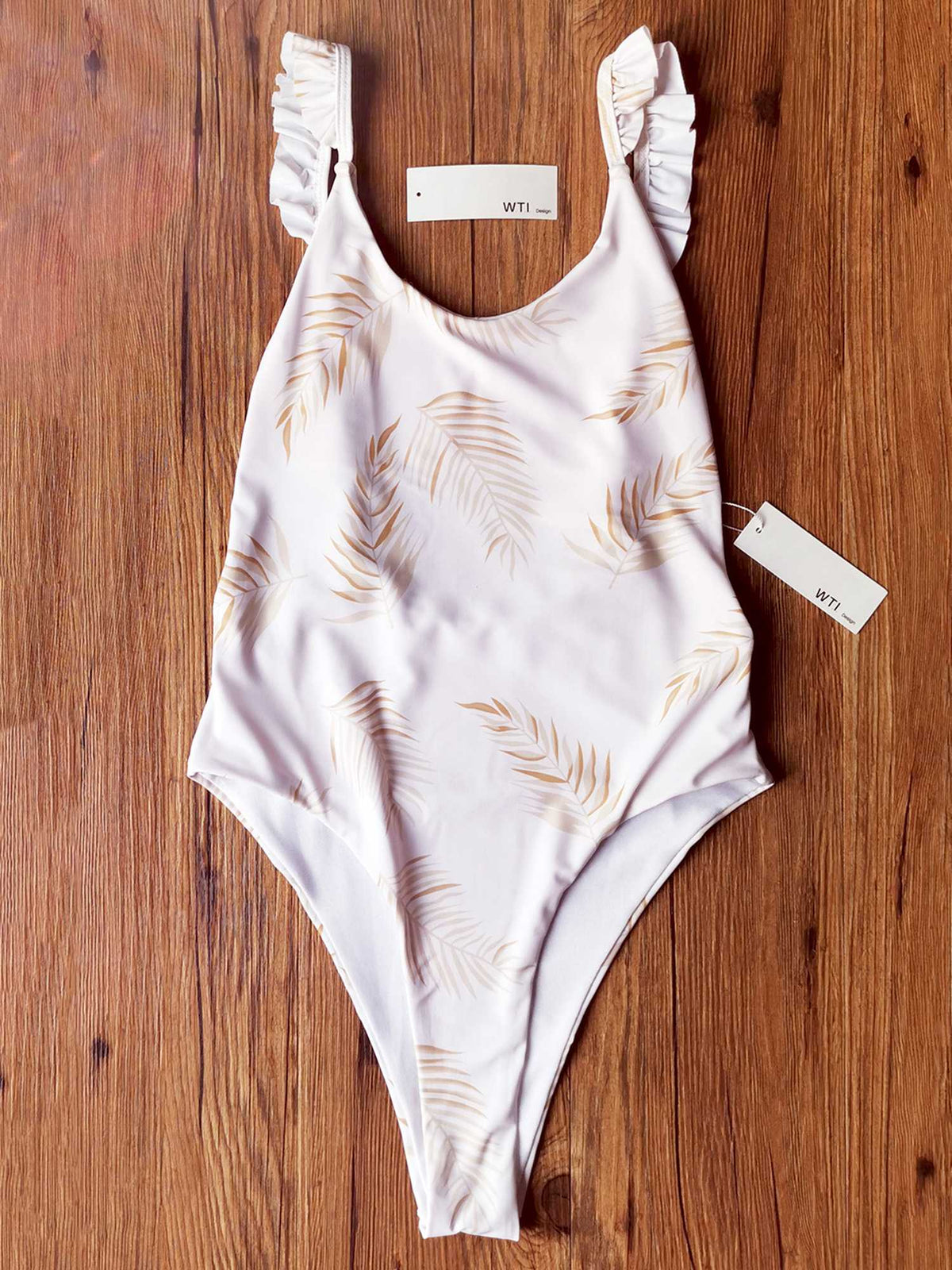 Plume Print Ruffle Shoulder One Piece Swimsuit - worthtryit.com