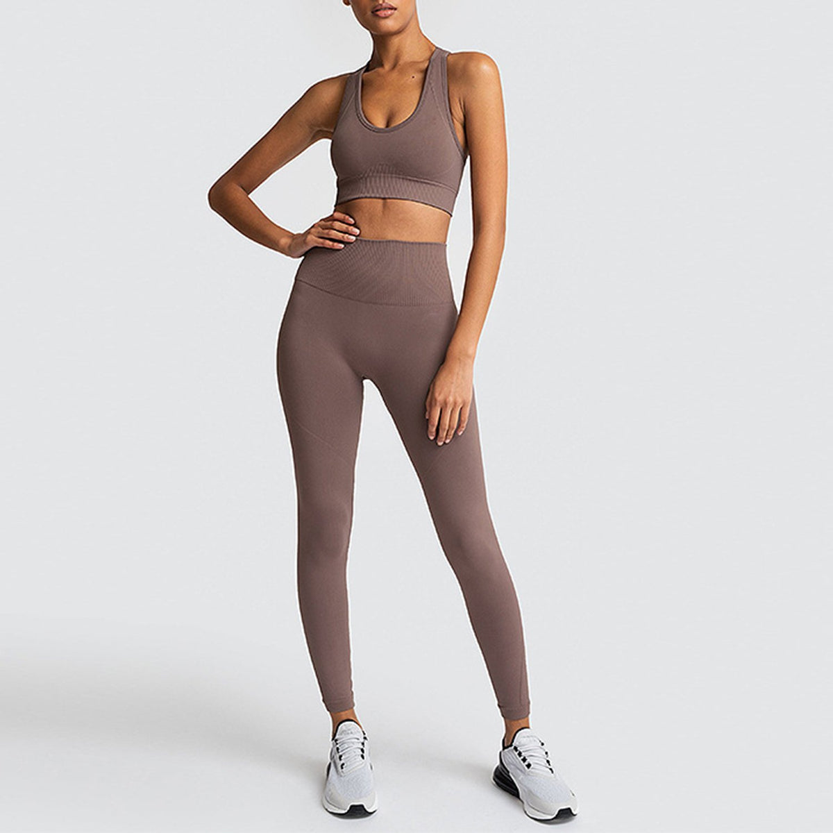 Solid Color Seamless Racerback 2 Piece Yoga Sports Fitness Suit - worthtryit.com