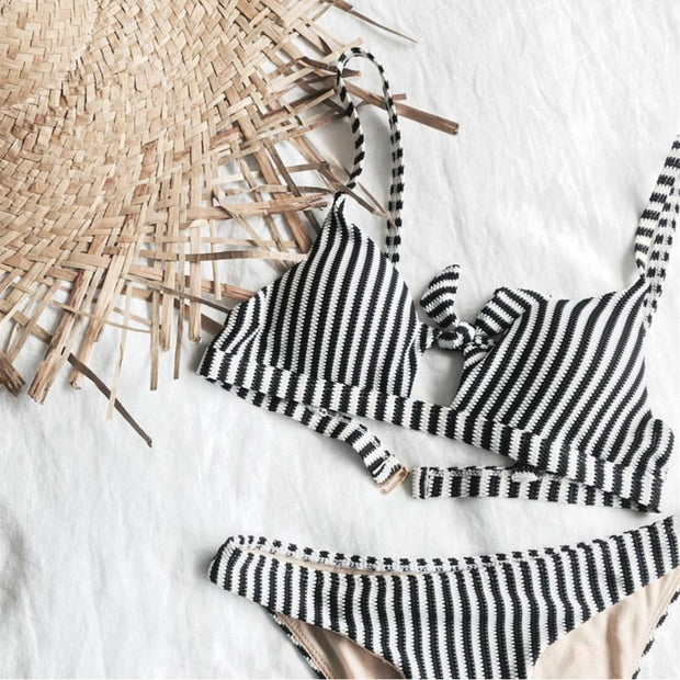 Stripes Front Cut Triangle Bikini Set - worthtryit.com