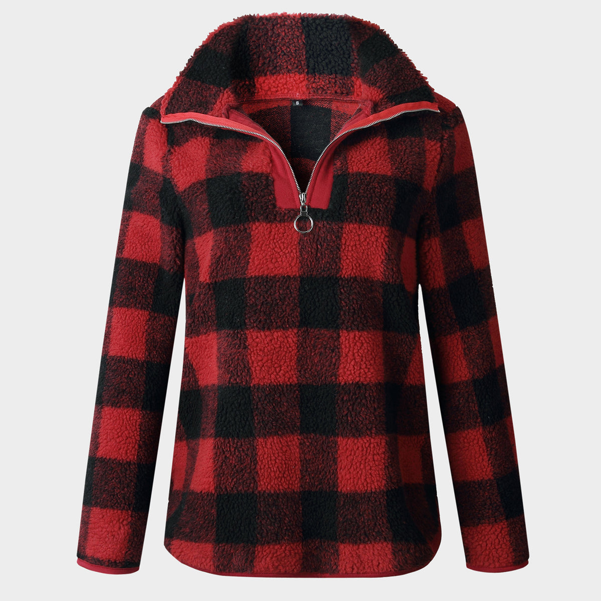 Checked Zip Stand-Up Fleece Sweater - worthtryit.com