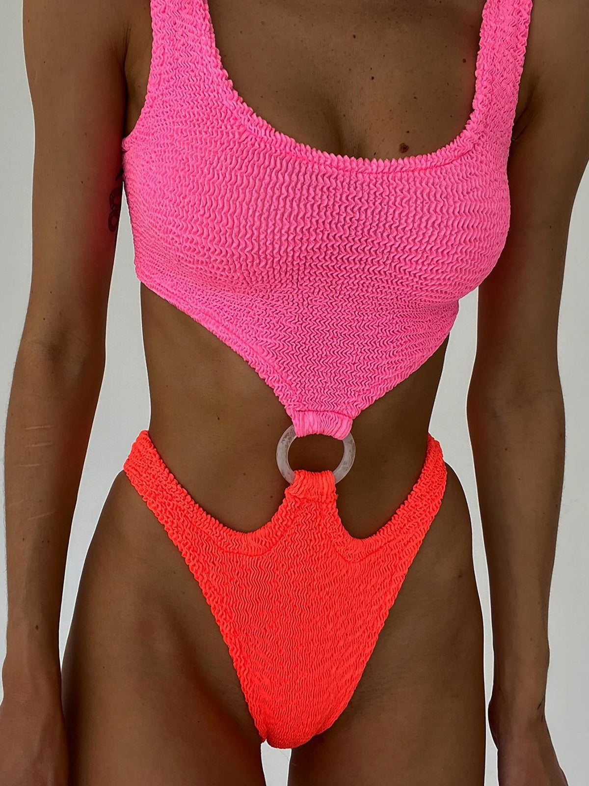 Crinkle Cut Side One Piece Swimsuit With Ring