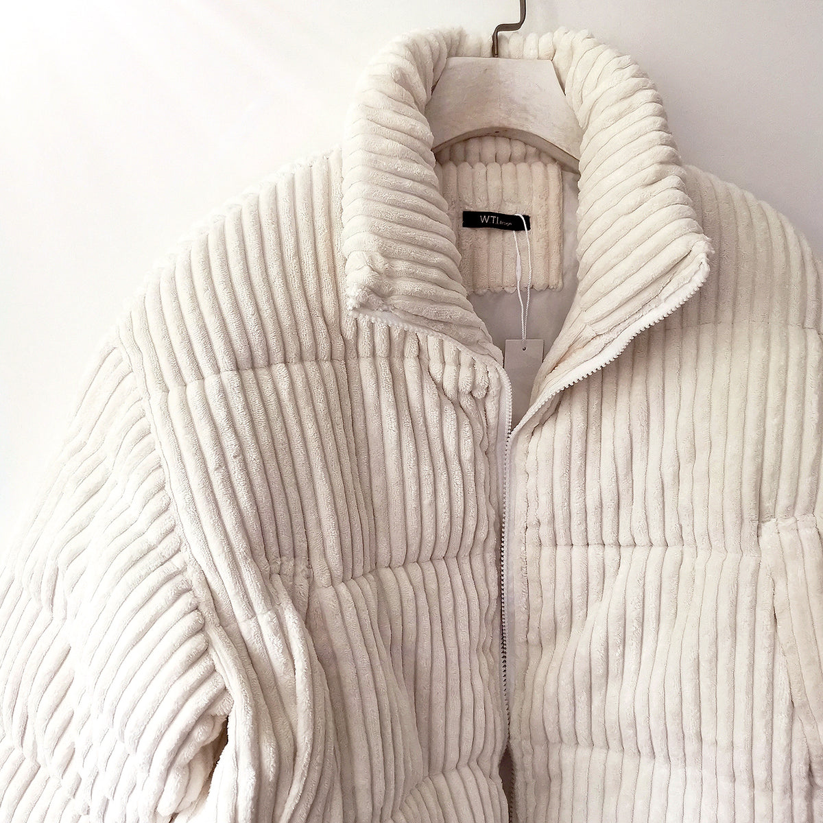 Stand Up Cord Puffer Jacket-Cream