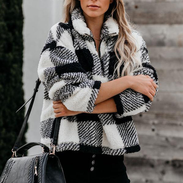 Checked Zip Stand-Up Fleece Sweater