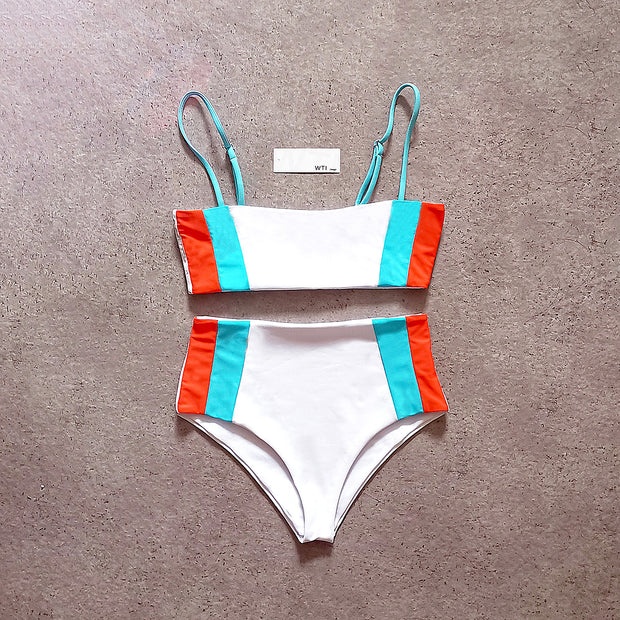 Color Blocked High Waist Crop Top Bikini Swimsuit