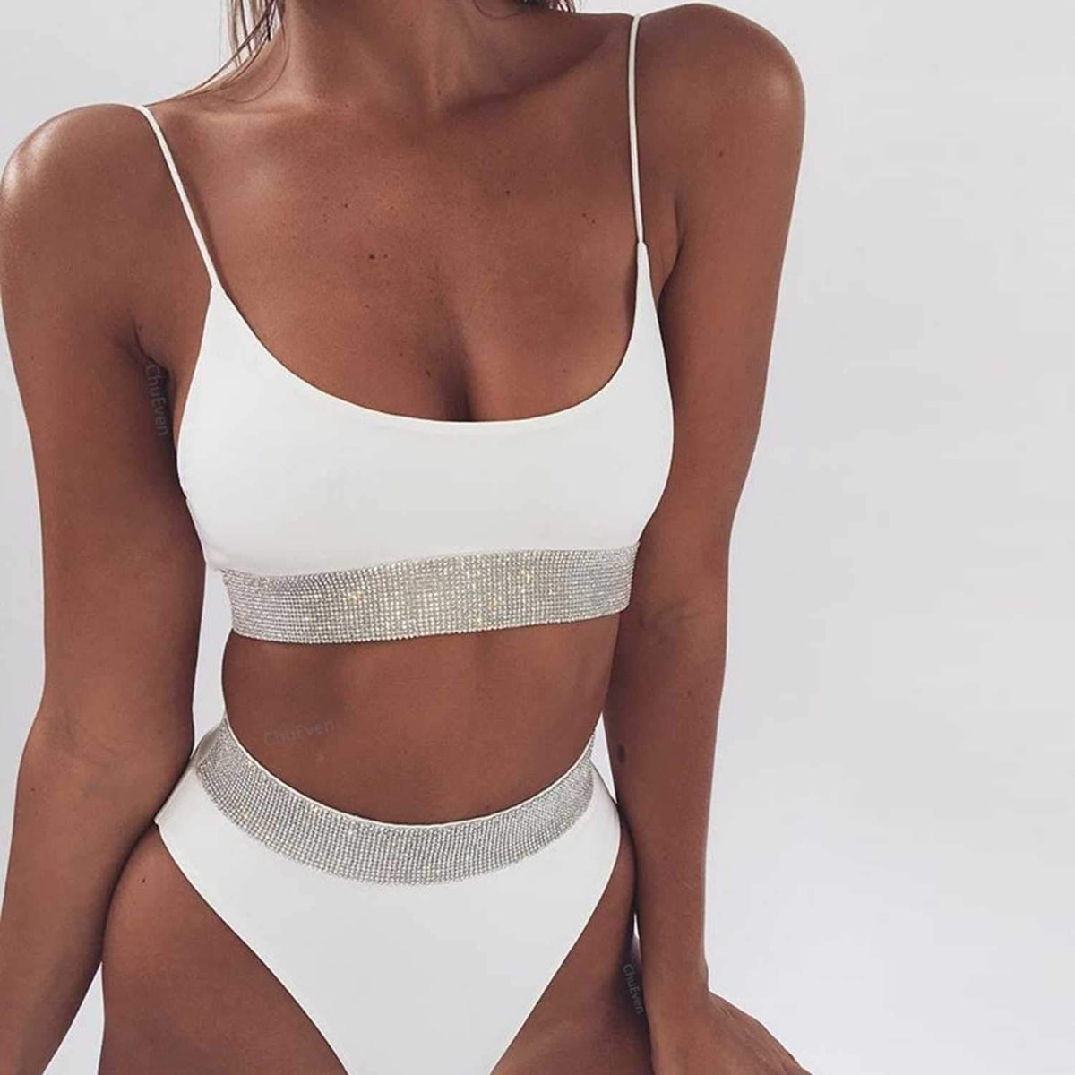 Silver Knit Hem High Waist High Cut Crop Top Bikini Set - worthtryit.com