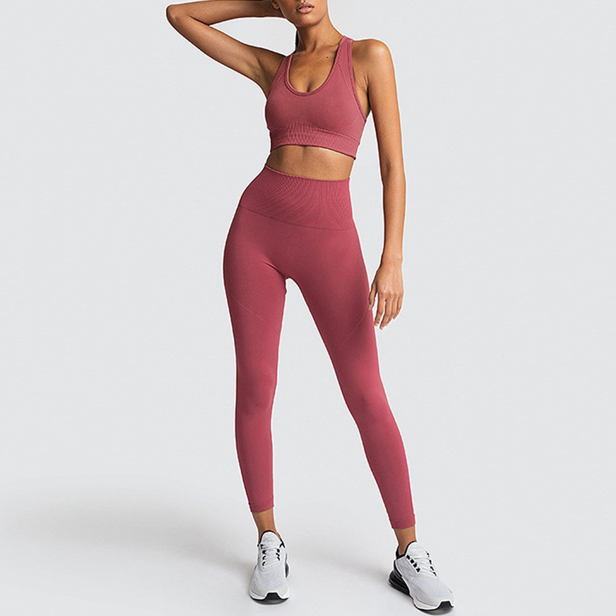 Solid Color Seamless Racerback 2 Piece Yoga Sports Fitness Suit - worthtryit.com
