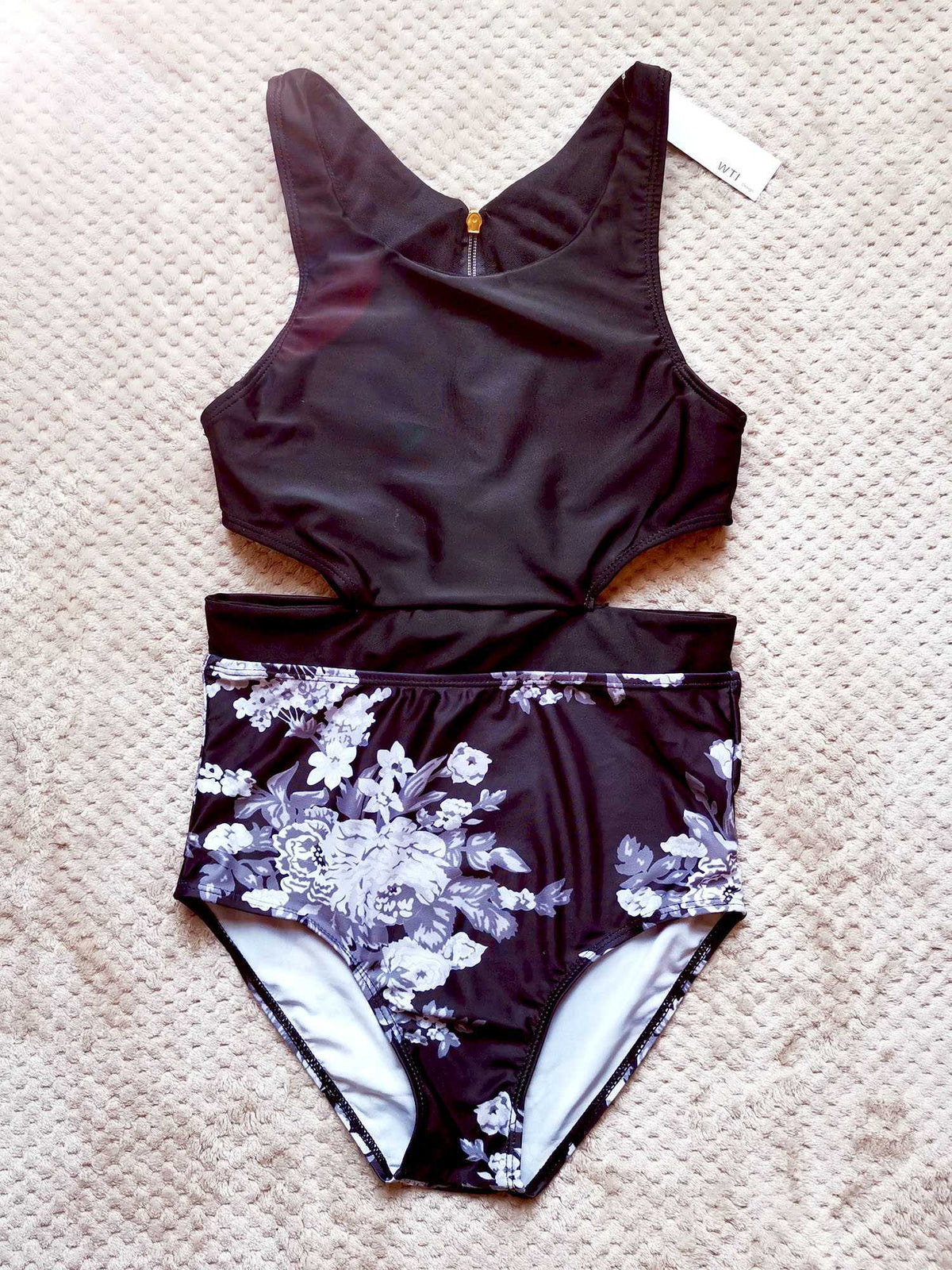 Floral Racer Back Zipped High Waist One Piece Swimsuit - worthtryit.com