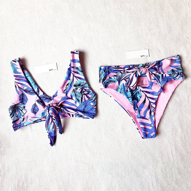 Floral Print Front Tie High Waist Bikini Swimsuit YX20