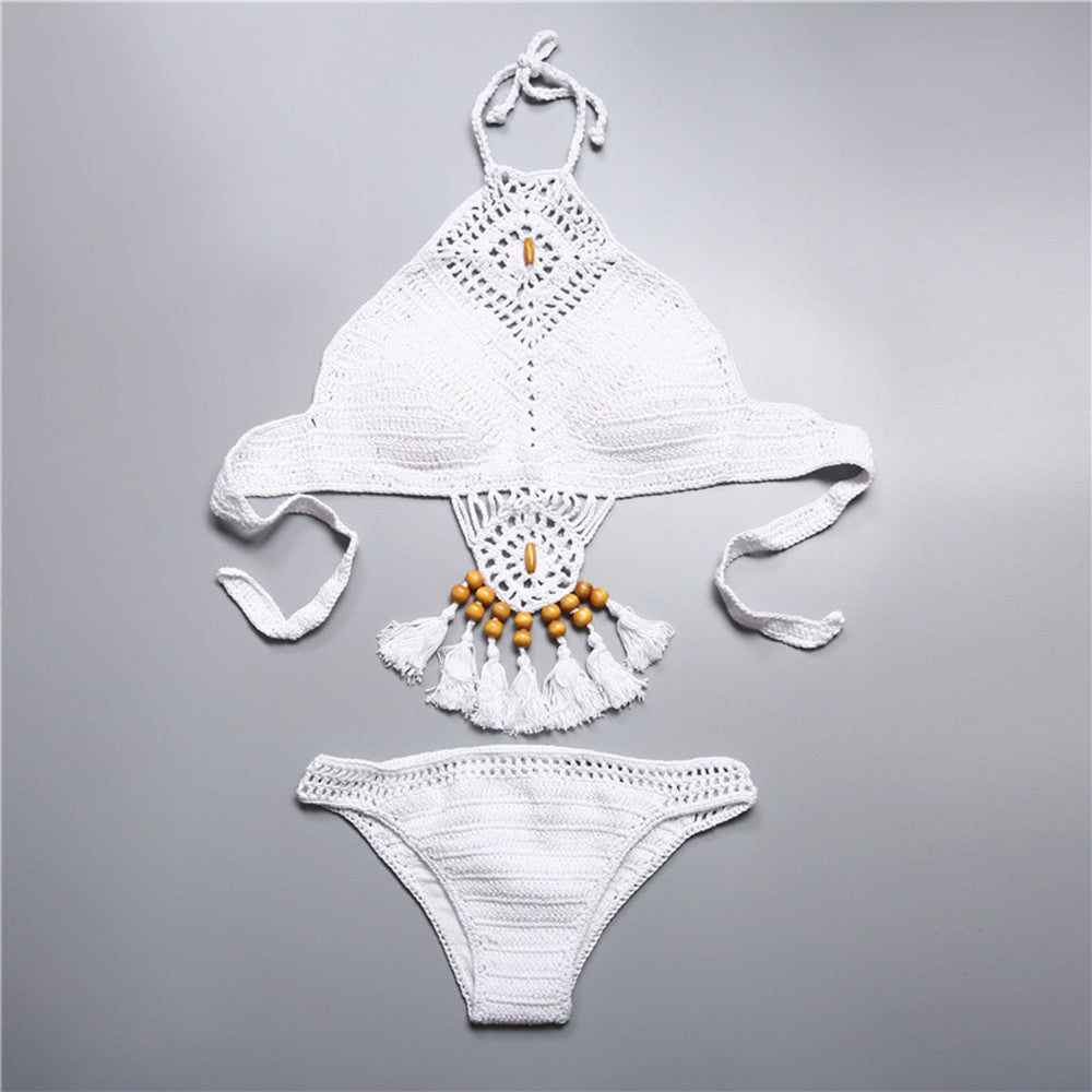 Boho Style Tassel Crochet Halter Bikini Set - White - worthtryit.com