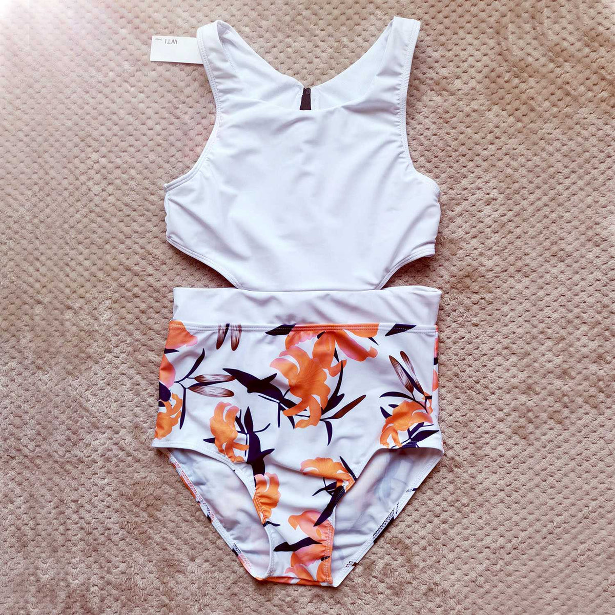 Floral Racer Back Zipped High Waist One Piece Swimsuit - worthtryit.com