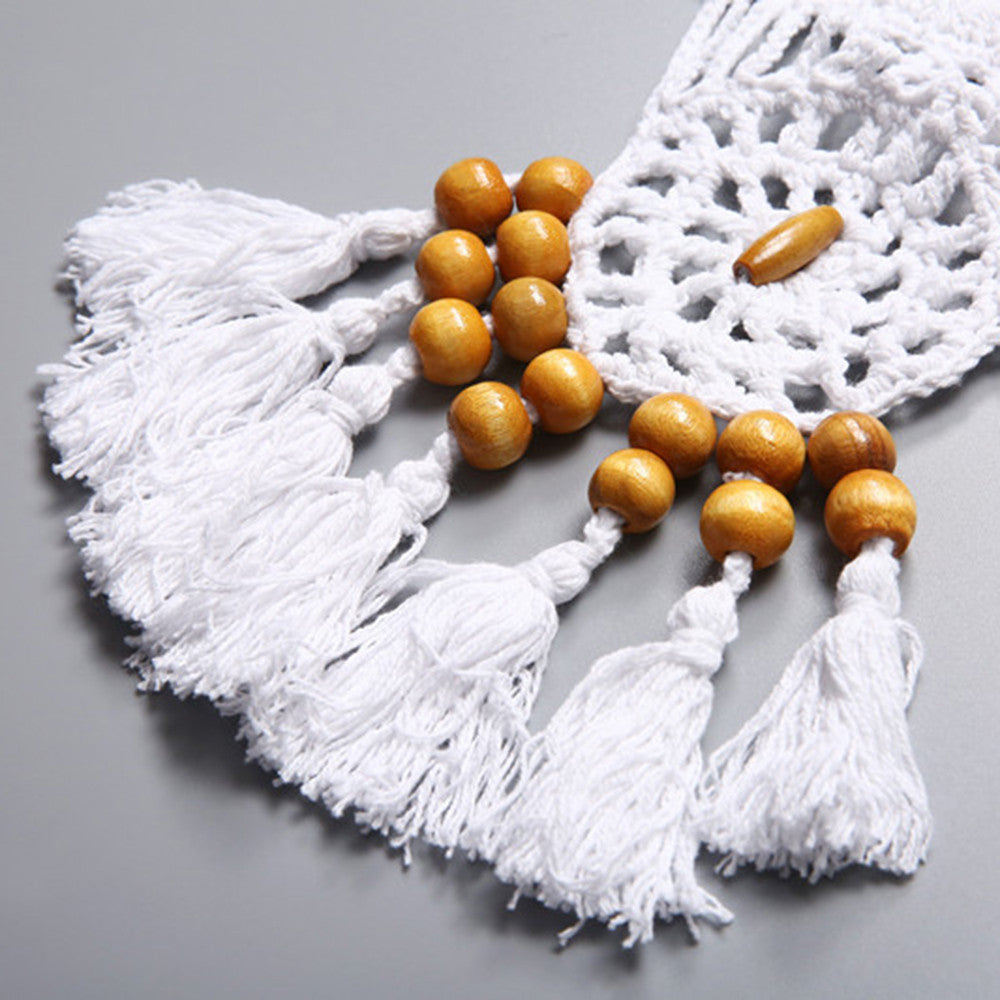 Boho Style Tassel Crochet Halter Bikini Set - White - worthtryit.com