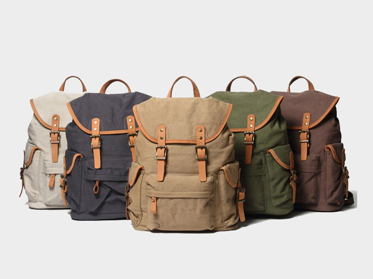 Vintage Style Canvas & Leather Rucksack Backpack 14" - worthtryit.com