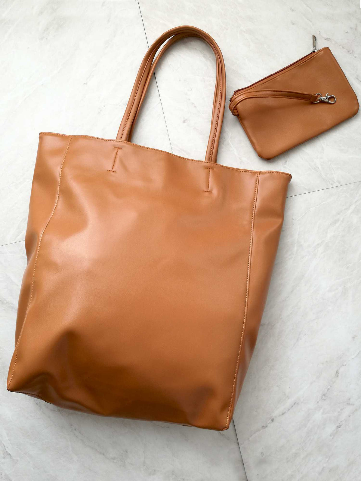 Oversized Eco Vegan Leather Lambskin Tote Bag 16.7" With Little Purse Inside - worthtryit.com