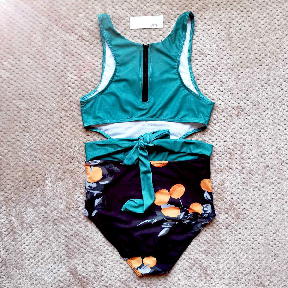 Floral Racer Back Zipped High Waist One Piece Swimsuit - worthtryit.com