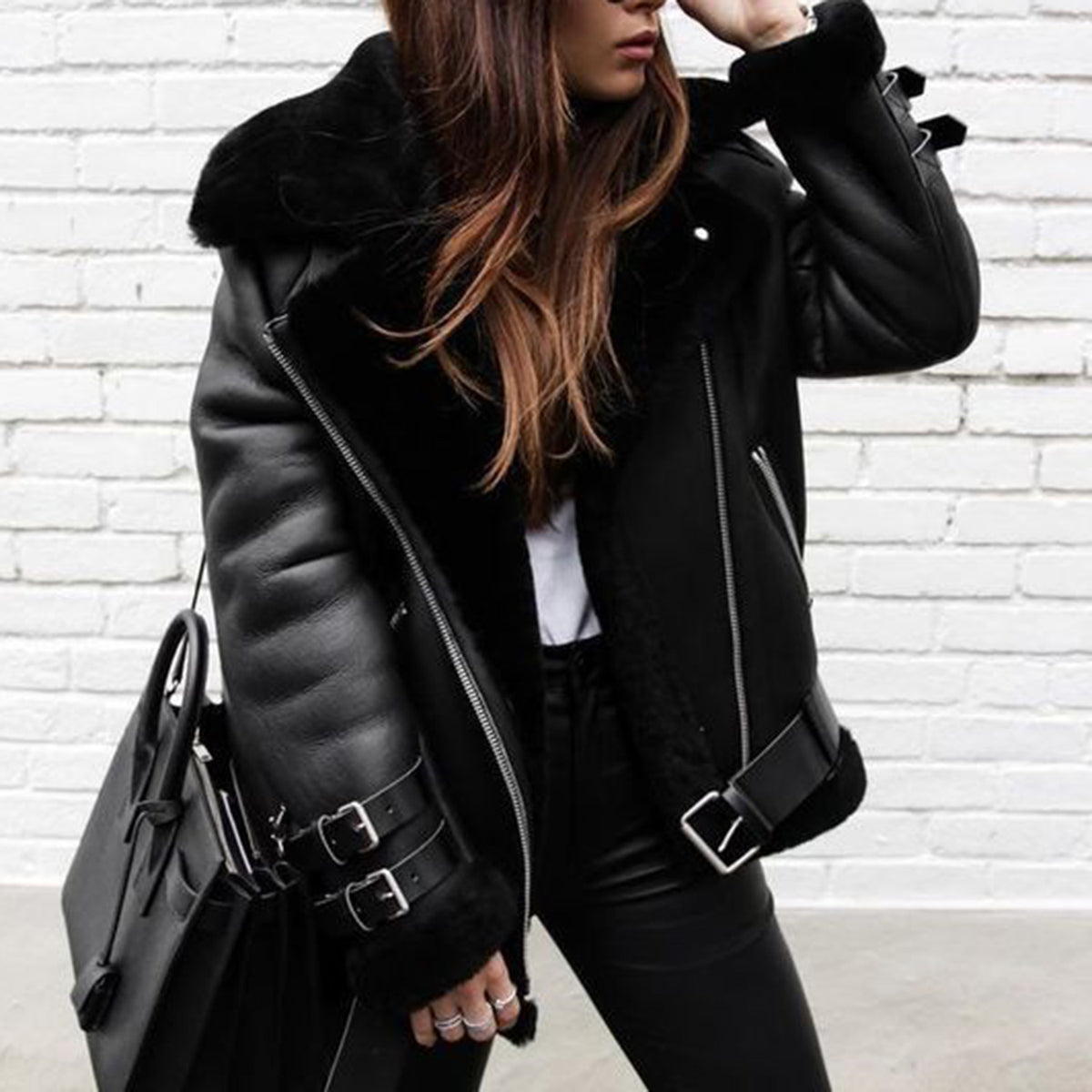 Oversized Faux Fur Moto Bike Jacket - worthtryit.com