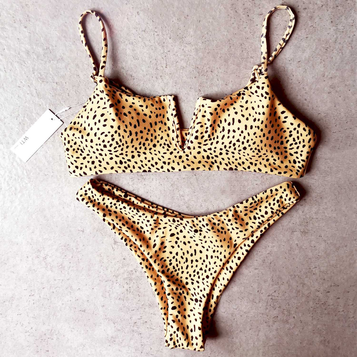 Ribbed Leopard Print V Neck Crop Top Bikini Set - worthtryit.com