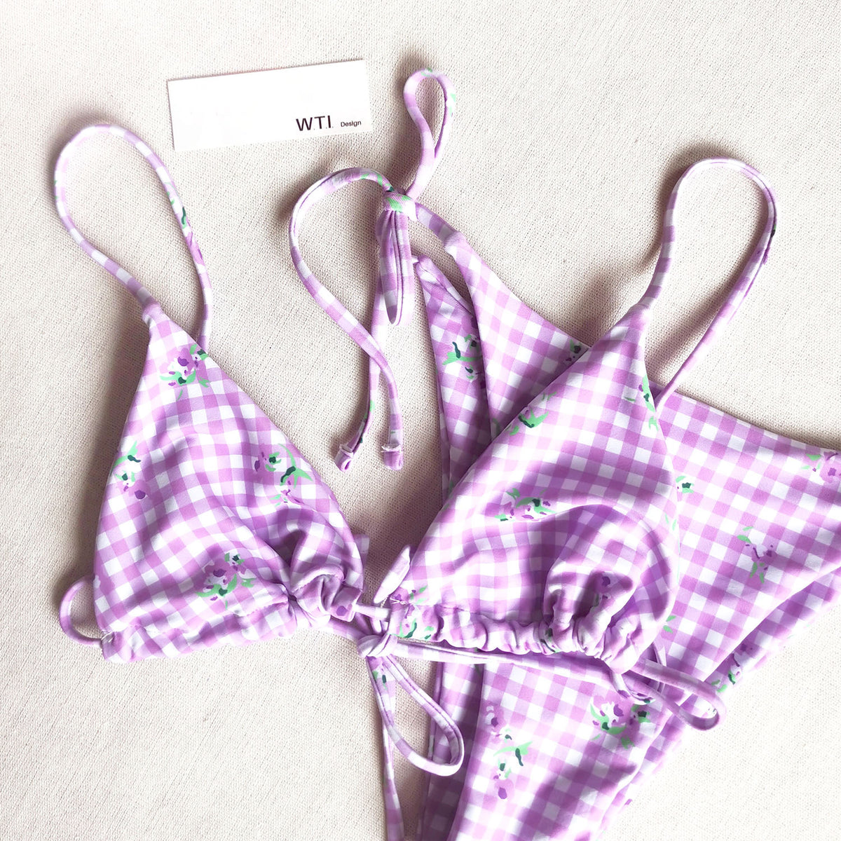 Floral Checked Triangle Bikini Swimsuit