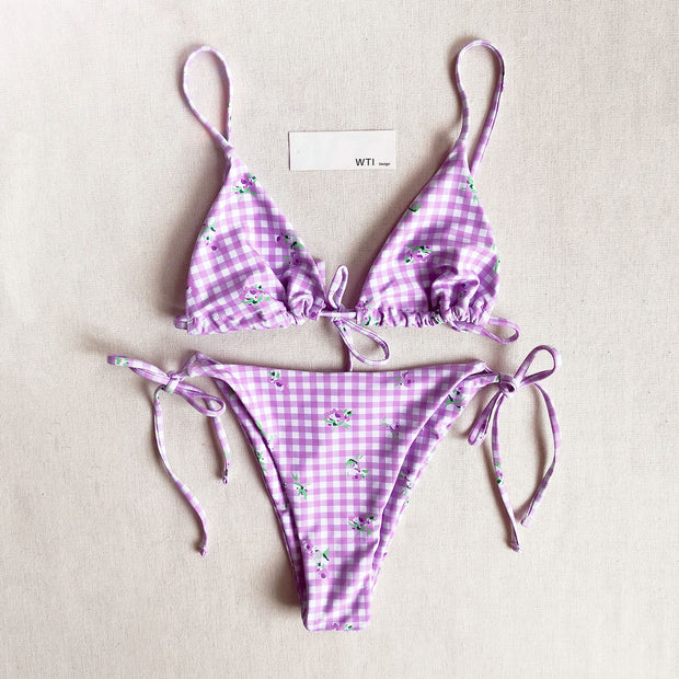 Floral Checked Triangle Bikini Swimsuit