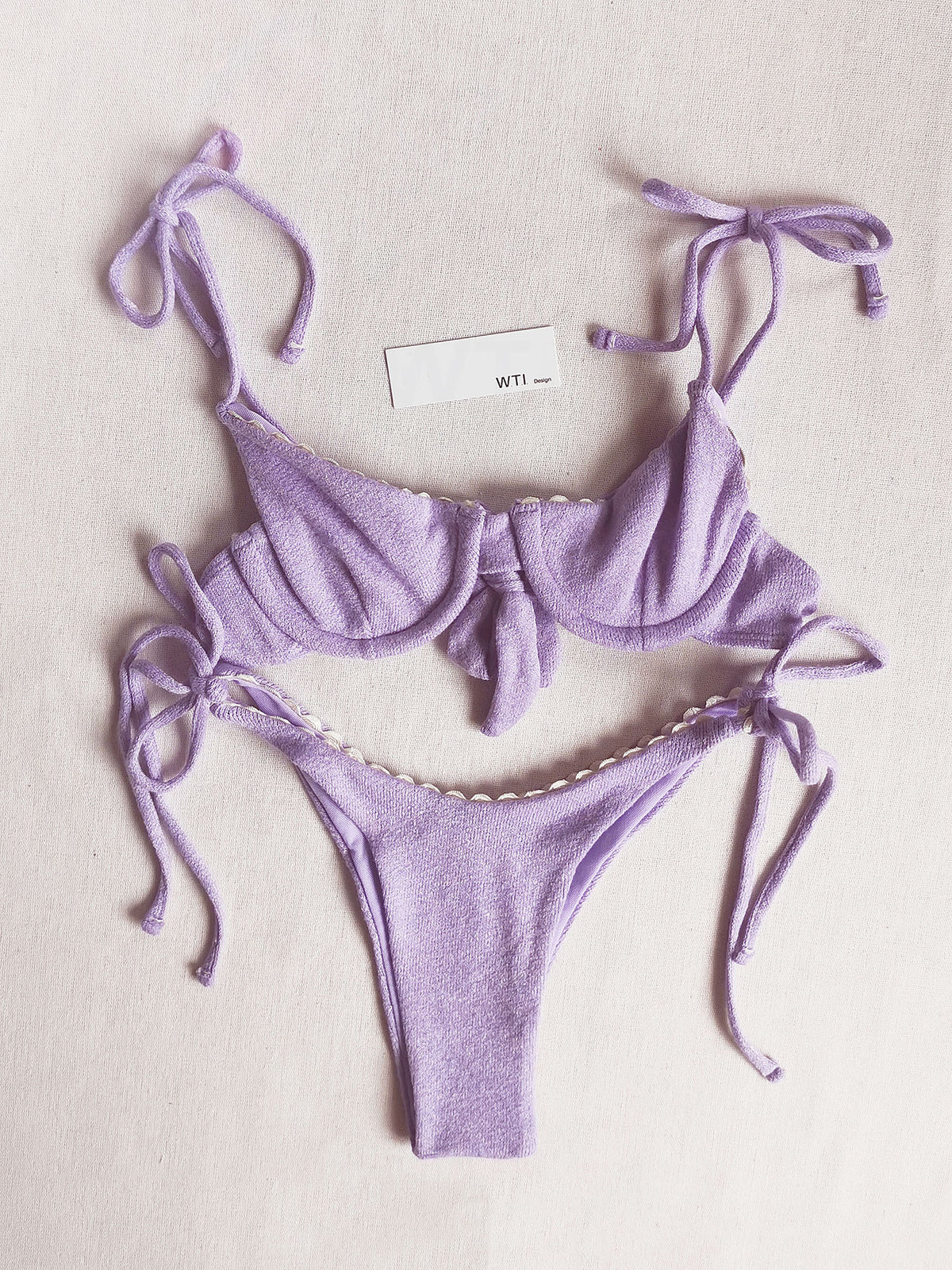 Textured Underwire Tie Shoulder Bikini Swimsuit RA21