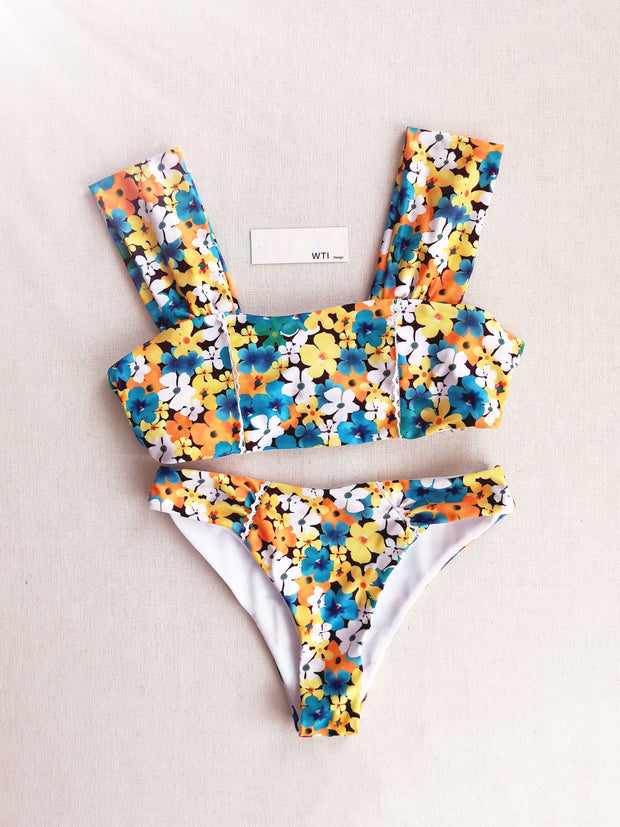 Floral Print Wide Straps Crop Top Bikini Swimsuit