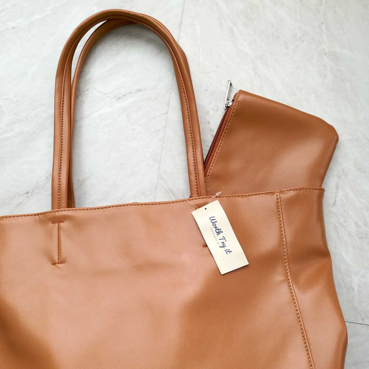 Oversized Eco Vegan Leather Lambskin Tote Bag 16.7" With Little Purse Inside - worthtryit.com